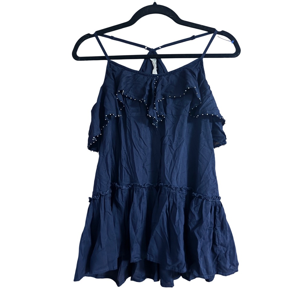 Free People Navy Blue Ruffle Beaded Cami Top Strappy  Rayon